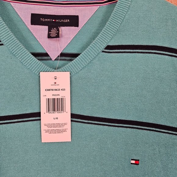 NWT Tommy Hilfiger Golf Style Sweater V-Neck Blue Black Stripes Men's Size L - Picture 3 of 10